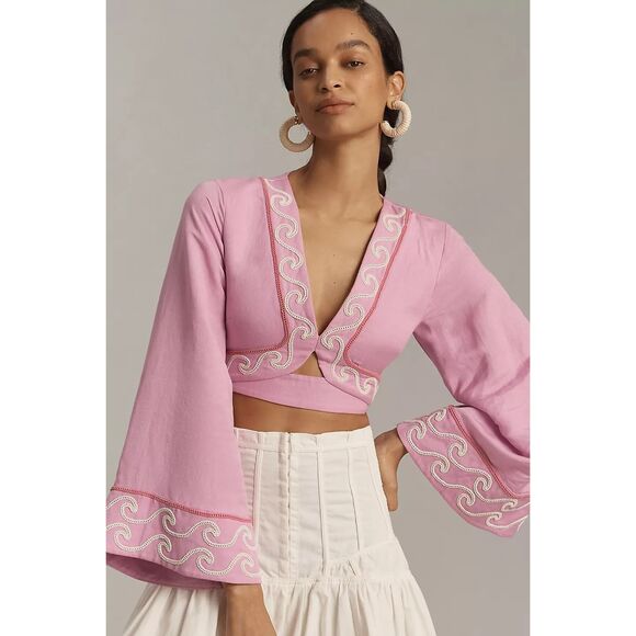 Significant Other Nara Linen Crop Top- Taffy Pink Embroidered detail Size 4 NWT - Picture 1 of 7